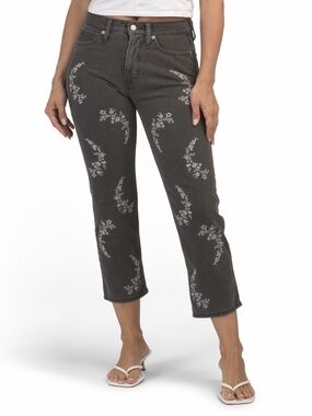 Lucky Brand Charcoal Cropped Jeans with White Floral Embroidery
